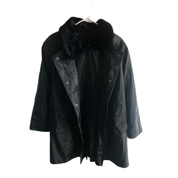 British Mist Coat Solid Black Lined Winter Small Waterproof Lining Faux Fur Neck - Picture 2 of 10